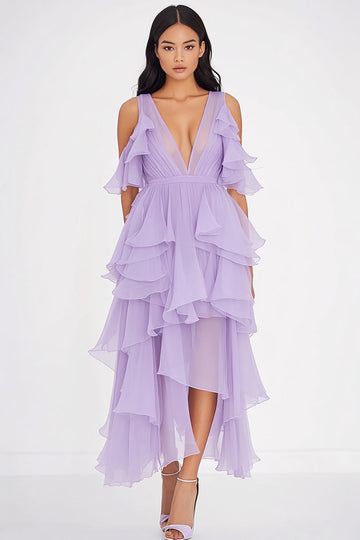 Robe formelle à volants en mousseline de soie lilas à col en V profond